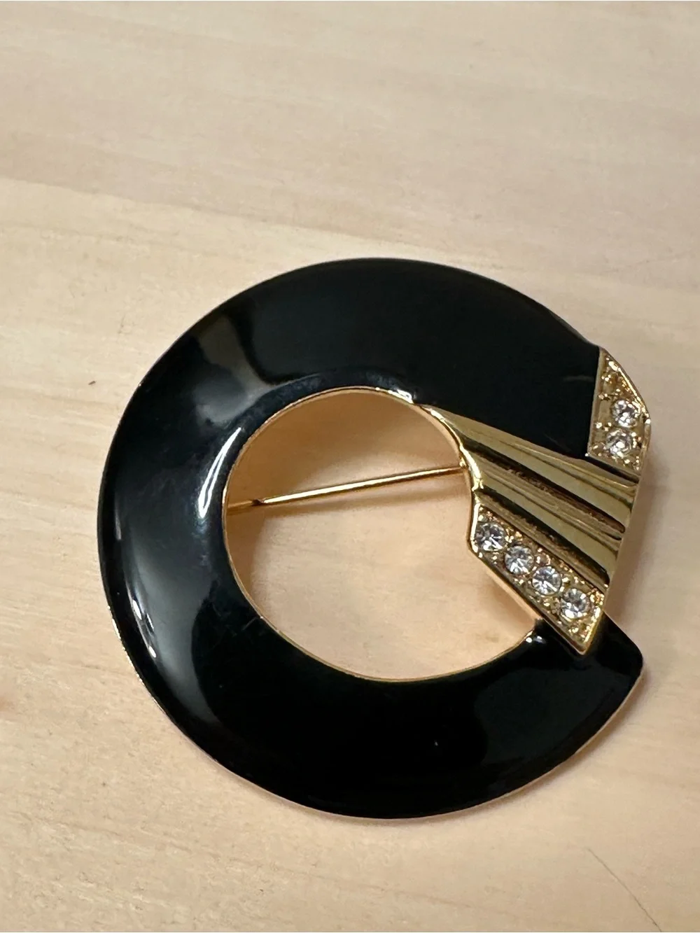Vintage Monet Black Enamel Rhinestone Art Deco Revival Brooch